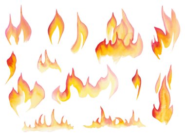 Watercolor abstract big fire flame match light texture bright red orange yellow colors hand painted wash spot isolated on white background brush paint design element for animation