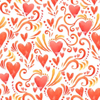 Heart seamless watercolor pattern with colorful symbols love. Illustration for Valentine day, birthday or wedding.