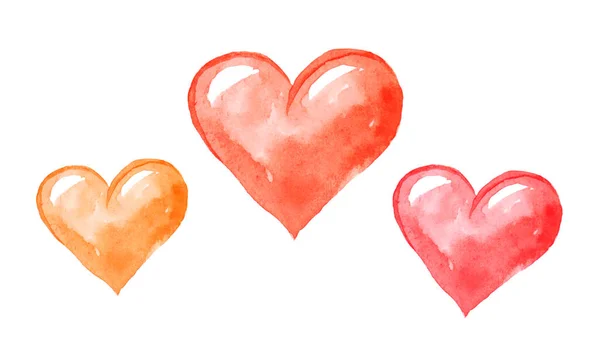 Watercolor Image Three Hearts Different Shades Red Color Even Row — 스톡 사진
