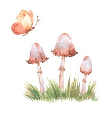 Watercolor set of forest elements: watercolor mushrooms, grass, butterfly, clip art