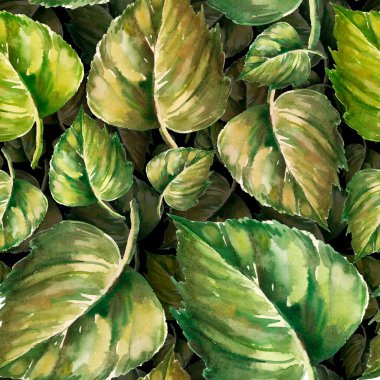 Green sunflowers leaves watercolor on black background seamless pattern for all prints.