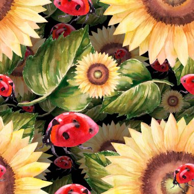 Seamless pattern of watercolor ladybug on the side of a sunflower on black background