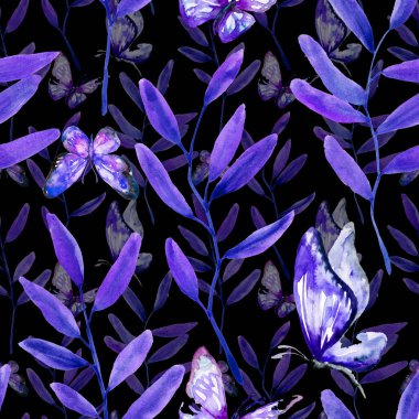 Seamless pattern with cute hand drawn blue branches and butterfly on dark background