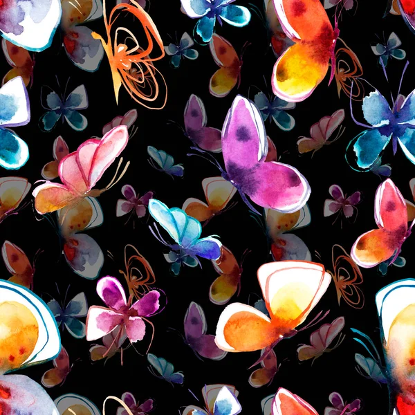 Dark Seamless Pattern Colorful Flying Butterflies Black Hand Drawn Watercolor — Foto de Stock