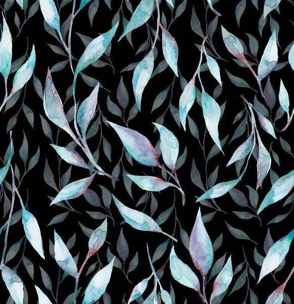 Indigo Watercolor seamless pattern with tree, branches, palm leaves, forest plants and leaf on navy blue background. Exotic tropical wallpaper. Hand drawn artistic Design for wrappers, fabric, cards.