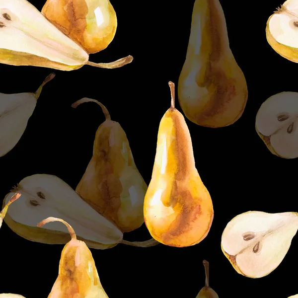 Pears Pattern Seamless Watercolor Fruits Black Background Yellow Pears Ideal — Fotografia de Stock
