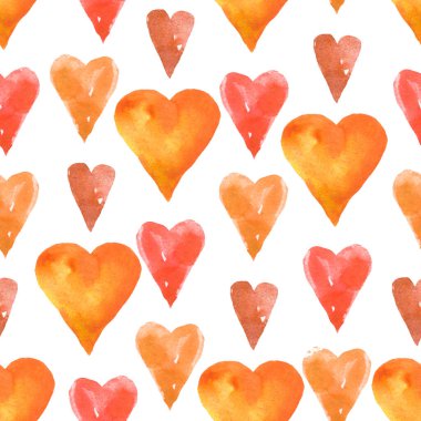 el ile Seamless Modeli beyaz zemin üzerine suluboya kalpler boyalı. Sevgililer günü gibi romantik günler için mükemmel.