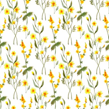 Suluboya el ile bahar ihale çiçek - sarı Mimoza beyaz zemin üzerine çizilmiş seamless modeli