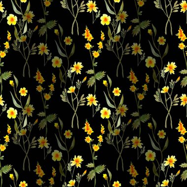 Ylang. Elle boyanmış yapraklar ve sarı ylang çiçekleri. Siyah arkaplanda dikişsiz suluboya deseni. Paket, kumaş, duvar kağıdı için..