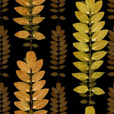 Çiçek deseni. Siyah arkaplanda yeşil ve altın yapraklar.