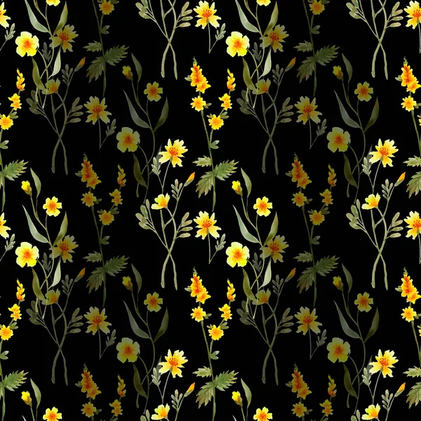 Ylang. Hand painted leaves and yellow ylang flowers. Watercolor seamless pattern on black background. For wrapping, fabric, wallpaper.