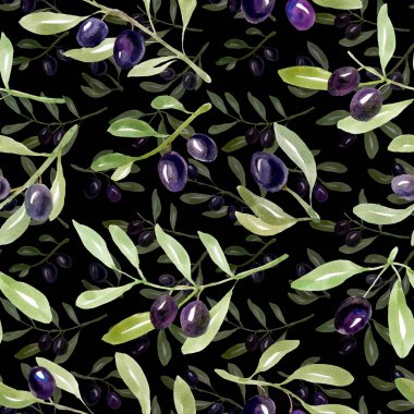 Seamless pattern with olive branches. Elegant watercolor background.