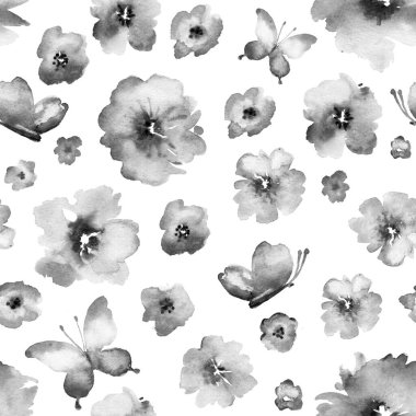 Floral seamless pattern with flying butterflies, colorful leaves and flowers, watercolor print isolated on white background, wildlife illustration.