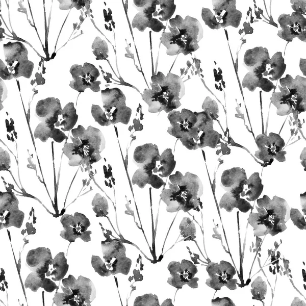 art monochrome white and black vintage watercolor and graphic floral seamless pattern with roses isolated on white background
