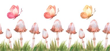 Forest seamless pattern with forest plants, ferns, herbs, mushrooms, butterfly painted in watercolor. Wild, forest plants background.