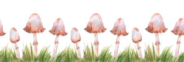 Seamless patterns with watercolor mushrooms with grass