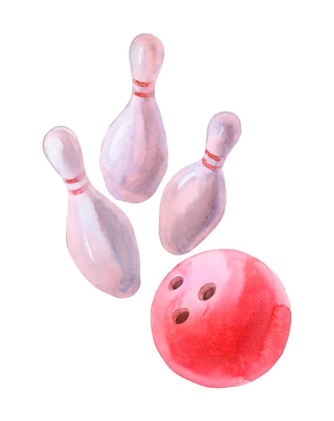 Bowling Topu Iğne Ayarlayın Suluboya Elle Çizilmiş Illüstrasyon Izole Beyaz — Stok fotoğraf