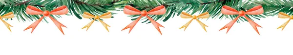 Akvarel Vánoční Věnce Červenými Žlutými Luky Jedlovými Větvemi Místem Pro — Stock fotografie