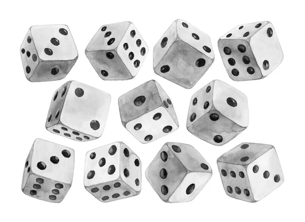 黒い点がセットされた白い水彩のダイス 丸みを帯びたコーナーを持つパイプダイス カジノのクラップ テーブルゲームやボードゲーム 運と異なる側面ビューからランダムな選択シンボルのために死ぬ — ストック写真