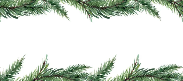 Karácsonyfa Ágak Fagyöngy Karácsonyi Zökkenőmentes Keret Akvarell — Stock Fotó