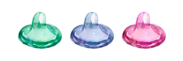 Três Aquarela Preservativos Coloridos Embalar Isolado Fundo Branco Verificar Mais — Fotografia de Stock
