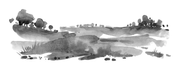 Paesaggio Con Alberi Nebbia Disegnati Mano Con Inchiostro Stile Asiatico — Foto Stock
