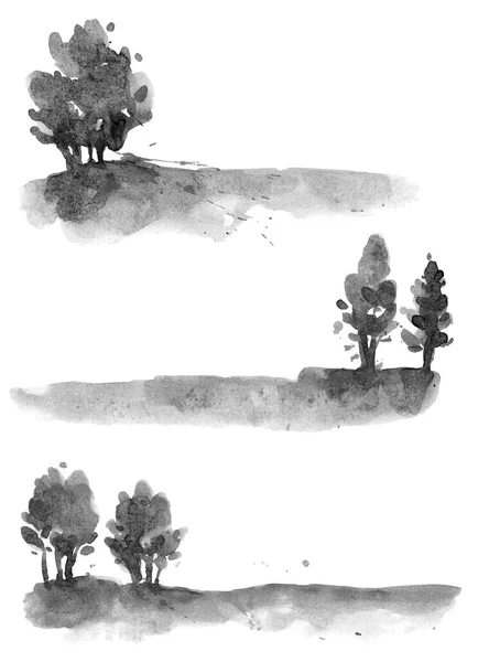 Forêt Noire Grise Arbres Aquarelle Dessin Main Illustration — Photo