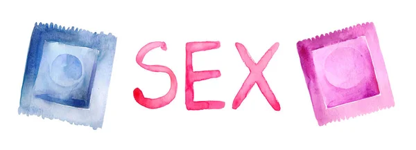 Lettering Voor Woord Seks Met Aquarelcondooms Wit — Stockfoto