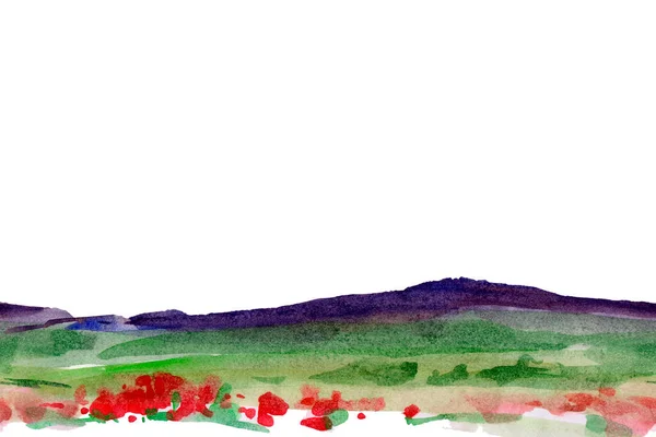 五彩斑斓的山地草甸水彩画 装饰着罂粟与情感的乡村社会 自然美的白色背景 手绘半抽象图 — 图库照片