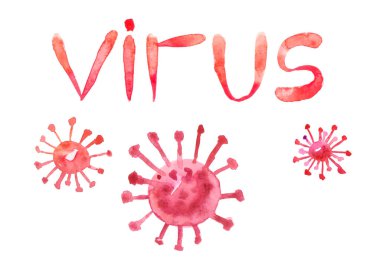 Coronavirus. Virüslerin üç biçimlendirilmiş görüntüsü. Suluboya çizimi. Kırmızı ve mavi virüslü benekler ve felçler.