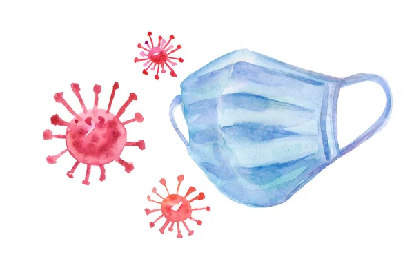 Desenhos Animados Coronavírus Aquarela Máscara Azul Desenhado Mão — Fotografia de Stock