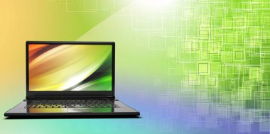 Renkli parlak neon ve mor ışıklarda boş ekranlı ince modern laptop.