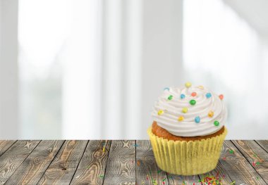 Beyaz kremalı ve şekerli kek. Ev yapımı vanilyalı tatlı. Tatil ve doğum günü.