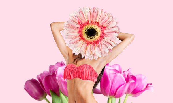 Woman headed by big flower. Modern design, contemporary creative art collage.