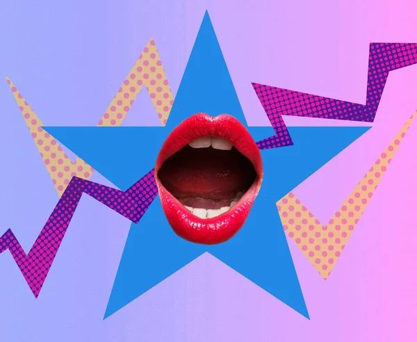 Contemporary Art Collage Modern Design Composition Female Opened Mouth — Stock Photo, Image