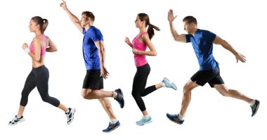 Maraton koşan erkek ve kadınların profilleri tam boy.