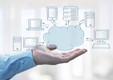 Bulut tutan bir iş adamı. bilgisayar teknolojisi kavramı