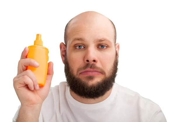 Homme Avec Barbe Tenant Une Bouteille — Photo