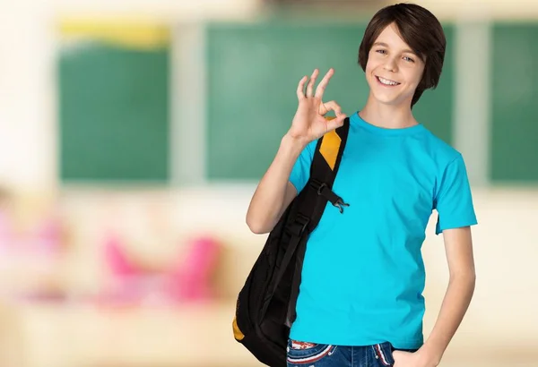 Happy Boy Backpack Showing Sign — Stock fotografie