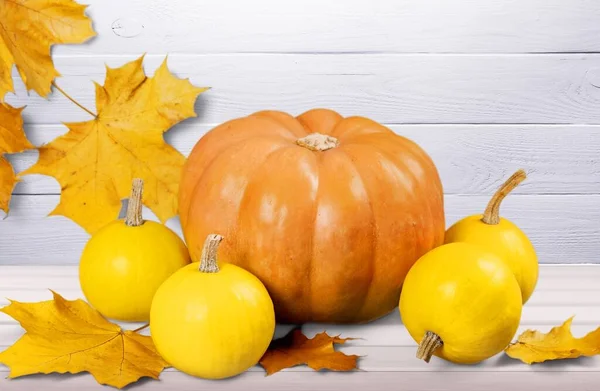 Feestelijke Herfstdecoratie Van Pompoenen Bessen Bladeren Een Witte Houten Achtergrond — Stockfoto