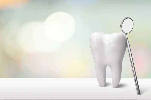 Koncepcja Opieki Stomatologicznej Ząb Zwierciadło Dentystyczne Tle Zbliżenie — Zdjęcie stockowe