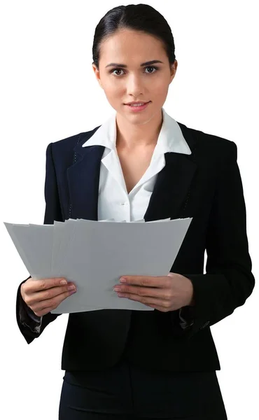 Beautiful Businesswoman Papers White Background — Stock Photo, Image
