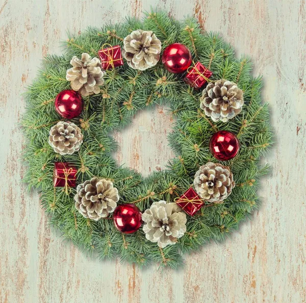 Christmas Wreath Fir Branches Cones Wooden Background — Stock Photo, Image