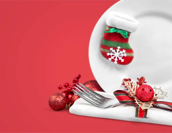 Christmas Table Setting Red Background — Stock Photo, Image