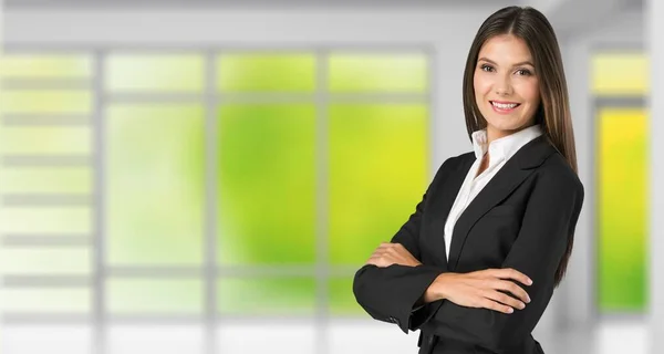 Young Businesswoman Suit Blurred Office Interior Background — Stock Photo, Image