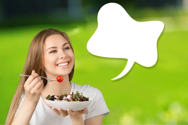 Happy Young Lady Eating Salad — Stock Photo, Image