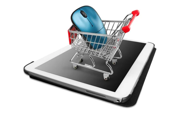 Počítačová Myš Vozíku Tabletou Online Nakupováním Nebo Konceptem Ecommmerce — Stock fotografie