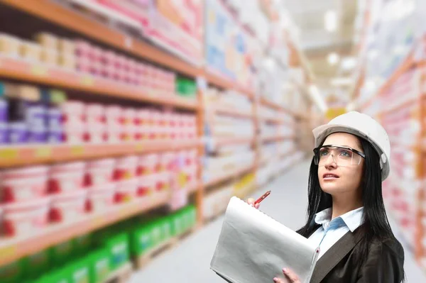 Portrait Cheerful Warehouse Woman Worker Using Tablet Checking Information — Stock Photo, Image