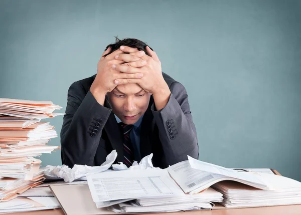 Young Overworked Manager Workplace Stacks Documents — Stock Photo, Image