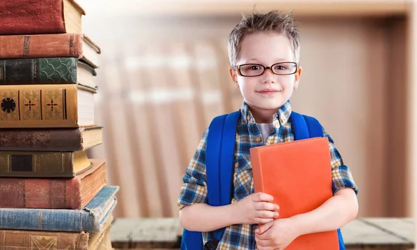 Mignon Petit Écolier Avec Livre — Photo